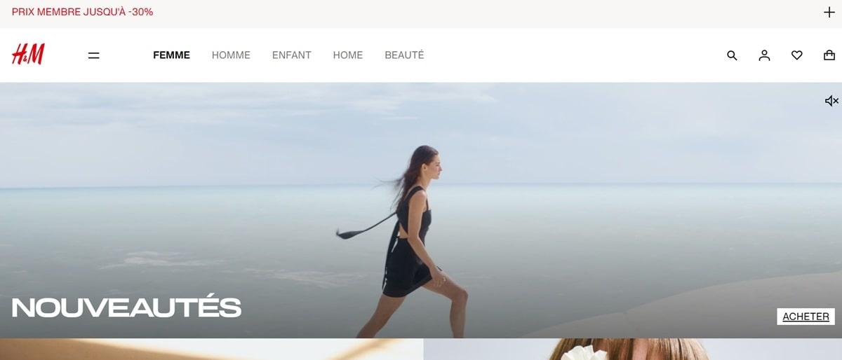 French version of H&M website after selecting France on the splash page, showing localized content